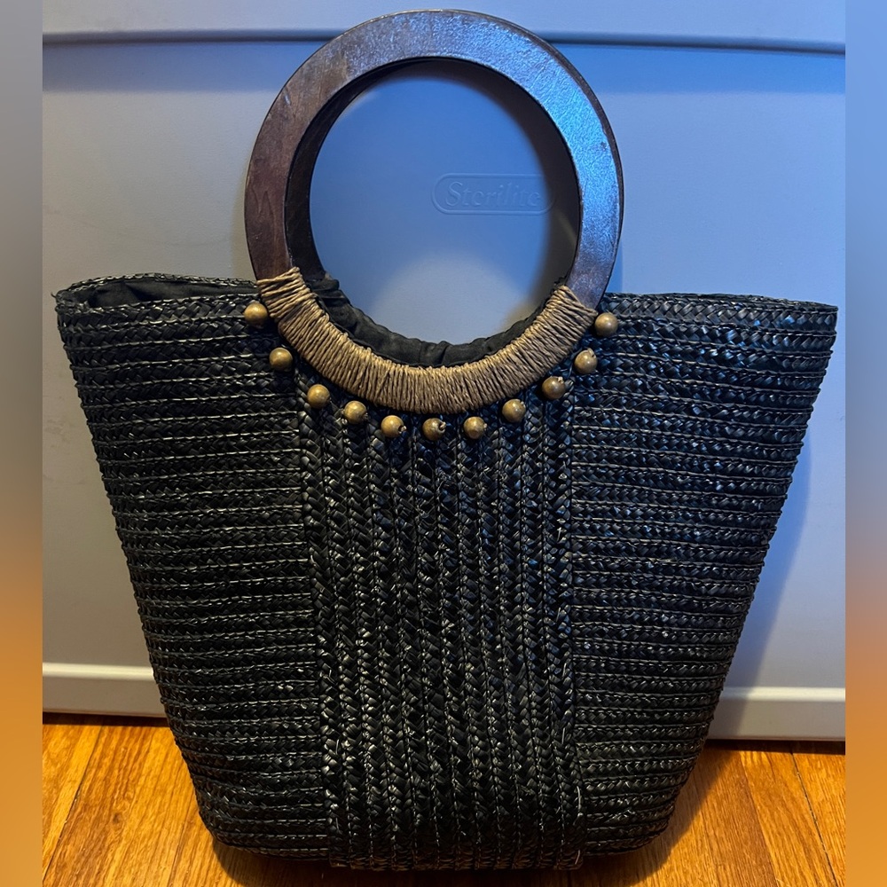 Black Woven Tote Bag with Wooden Handles - Picture 2 of 10